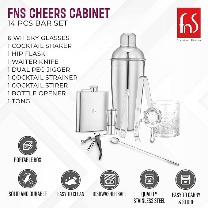 FNS Cheers 14 Pcs Bar Set - Complete Cocktail Set with 6 Whisky Glasses, Cocktail Shaker, Hip Flask, Waiter Knife, Dual Peg Jigger, Strainer, Stirrer, Bottle Opener, Tong - Premium Leatherette Box