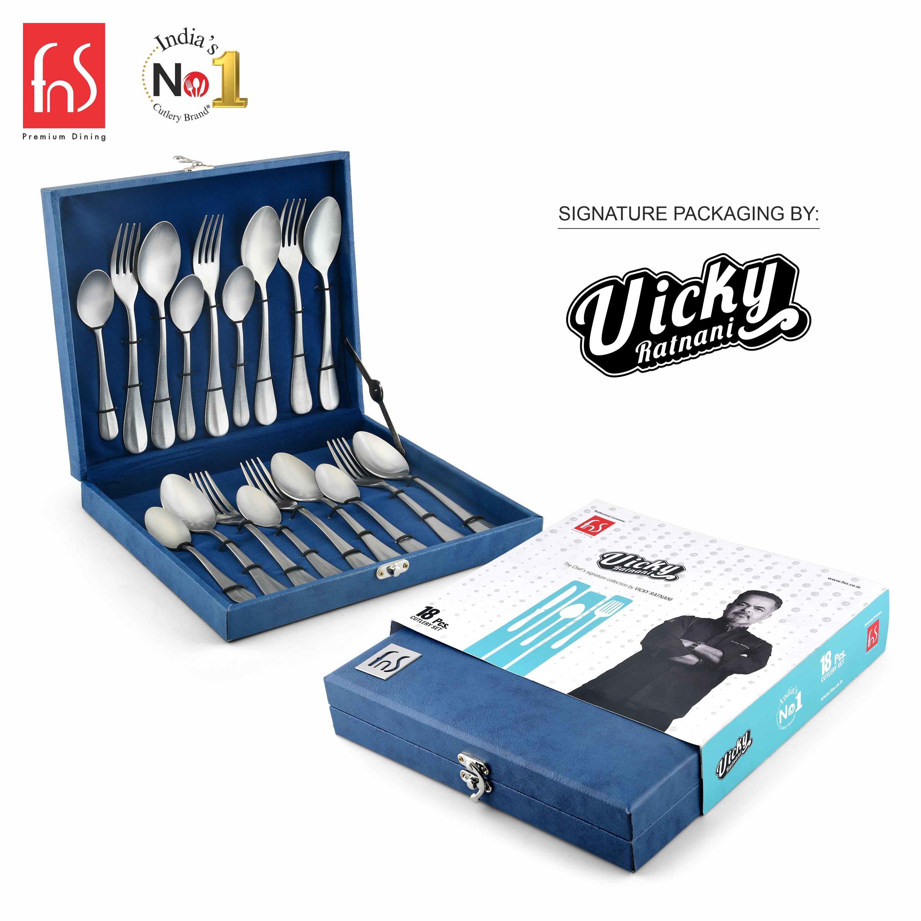 Chef Vicky Ratnani's Signature Collection By FnS Antico Stainless Steel 18 Pcs Cutlery Set with Box Pack | 6 Dinner Spoons, 6 Dinner Forks, 6 Tea Spoons | Premium classic elegance Handle Design Cutlery for Home, Dining & Kitchen