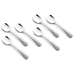 FnS Madrid 6-piece stainless steel ice cream spoon set with textured handles, arranged on a white background