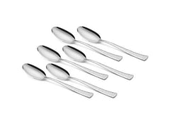 Set of six matching stainless steel spoons with textured handles laid out in staggered alignment.
