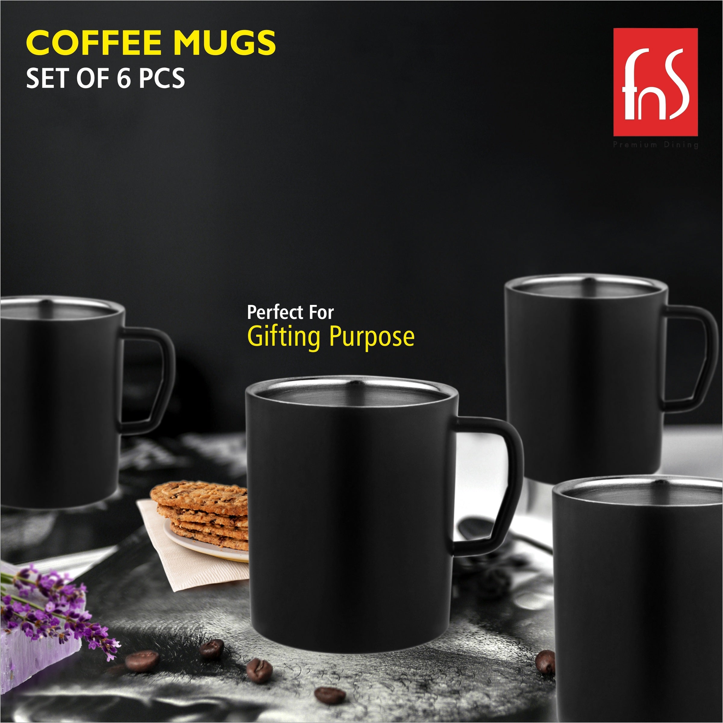 FNS Stainless Steel Coffee Mugs - Double Wall BPA Free, Tea Cup with Wide Handle - Set of 6 Cups, 300 ML, Black, Elegant and Durable Design for Hot and Cold Beverages