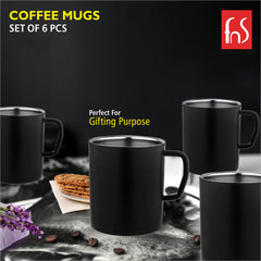 FNS Stainless Steel Coffee Mugs - Double Wall BPA Free, Tea Cup with Wide Handle - Set of 6 Cups, 300 ML, Black, Elegant and Durable Design for Hot and Cold Beverages