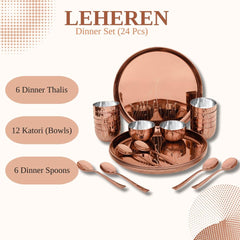 FnS Leheren Rose Gold 24 pcs Stainless Steel Dinner Set (6 Thali, 12 Katori (Bowl), 6 Dinner Spoon)