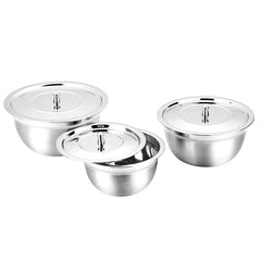 Montavo by FnS Stainless Steel Serving Bowl with Stainless Steel Lid, Set of 3 Small Medium and Large, Food Grade Safe | Easy to Carry | Easy to Store