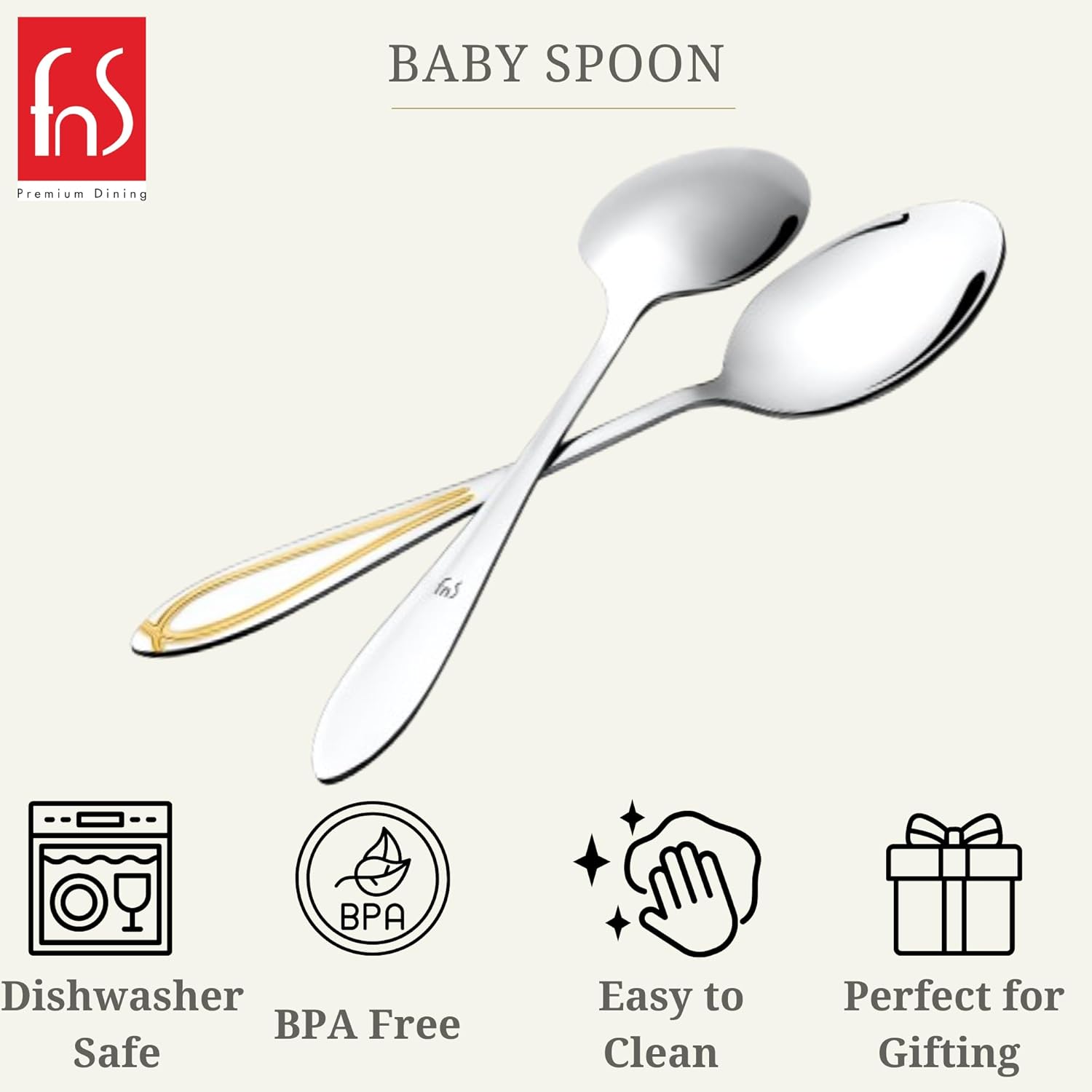 FnS Classic 24 Karat Gold Plated Stainless Steel Baby Spoon (Set of 6) for Home, Dining and Kitchen