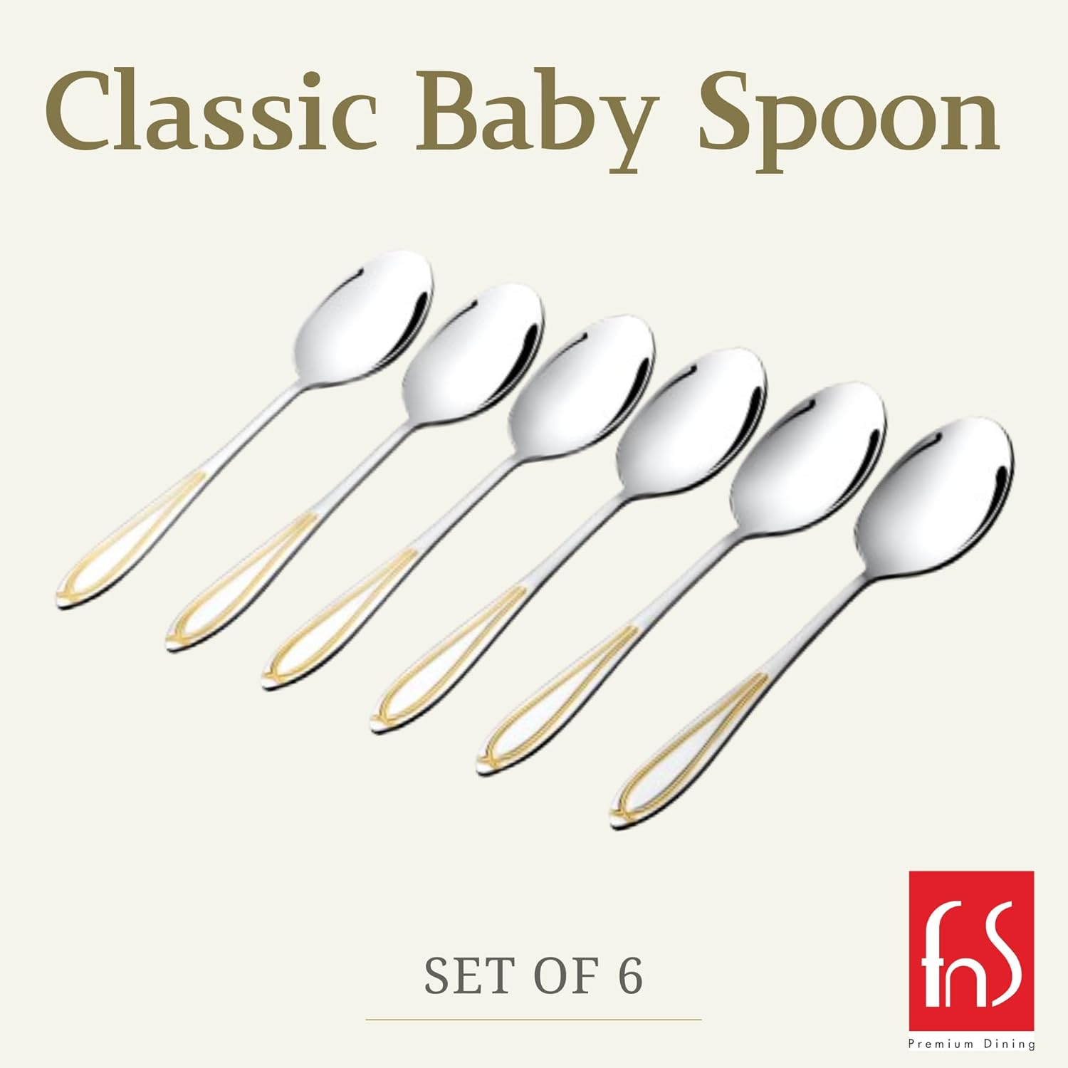 FnS Classic 24 Karat Gold Plated Stainless Steel Baby Spoon (Set of 6) for Home, Dining and Kitchen
