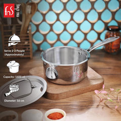 FnS NuChef Cookware Triply Sauce Pan 16 CM With Stay-Cool Handles | Even Heat Distribution, Durable & Rust-Free Cookware