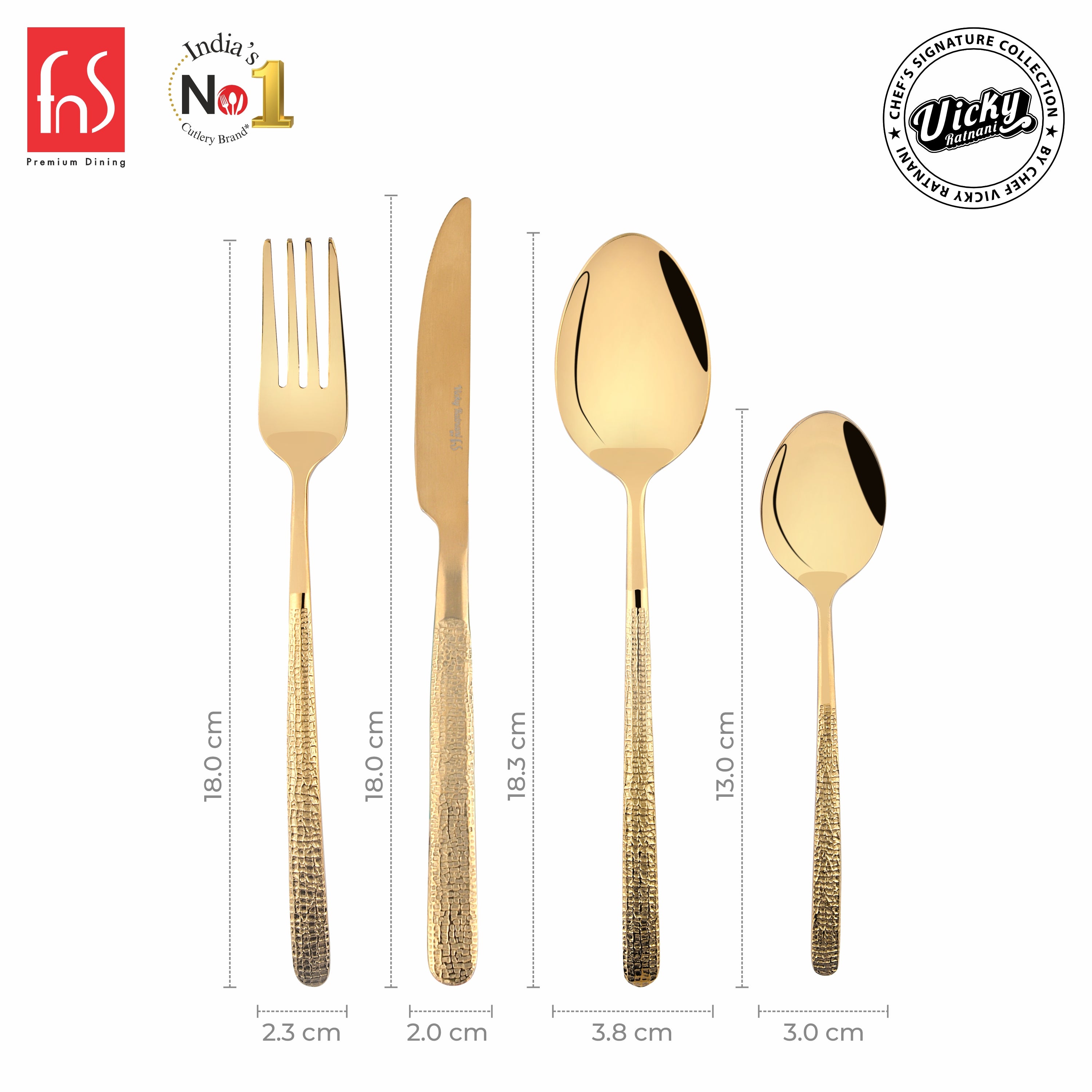 Chef Vicky Ratnani's Signature Collection By FnS Velora Stainless Steel 24 Pcs Cutlery Set with Box Pack | 6 Dinner Spoon, 6 Dinner Fork, 6 Dinner Knife/Butter Knife, 6 Teaspoon | Premium Textured Handle Design Cutlery for Home, Dining & Kitchen