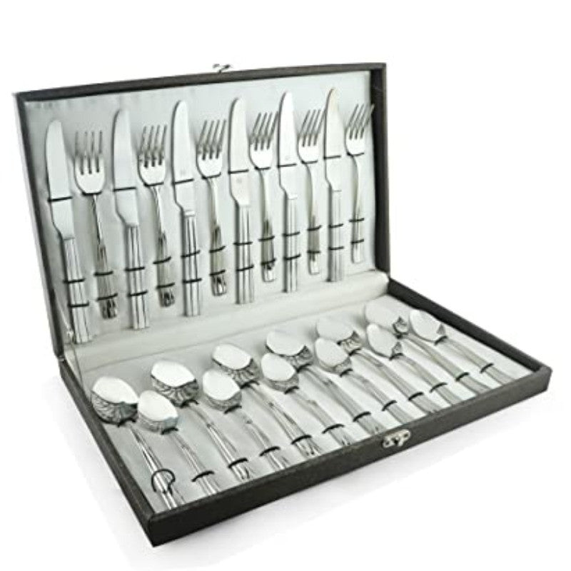 FnS Venice 24 Pc Stainless Steel Cutlery Set with Leatherette Box (6 Dinner Spoon, 6 Dinner Fork, 6 Tea Spoon, 6 Dinner Knives)