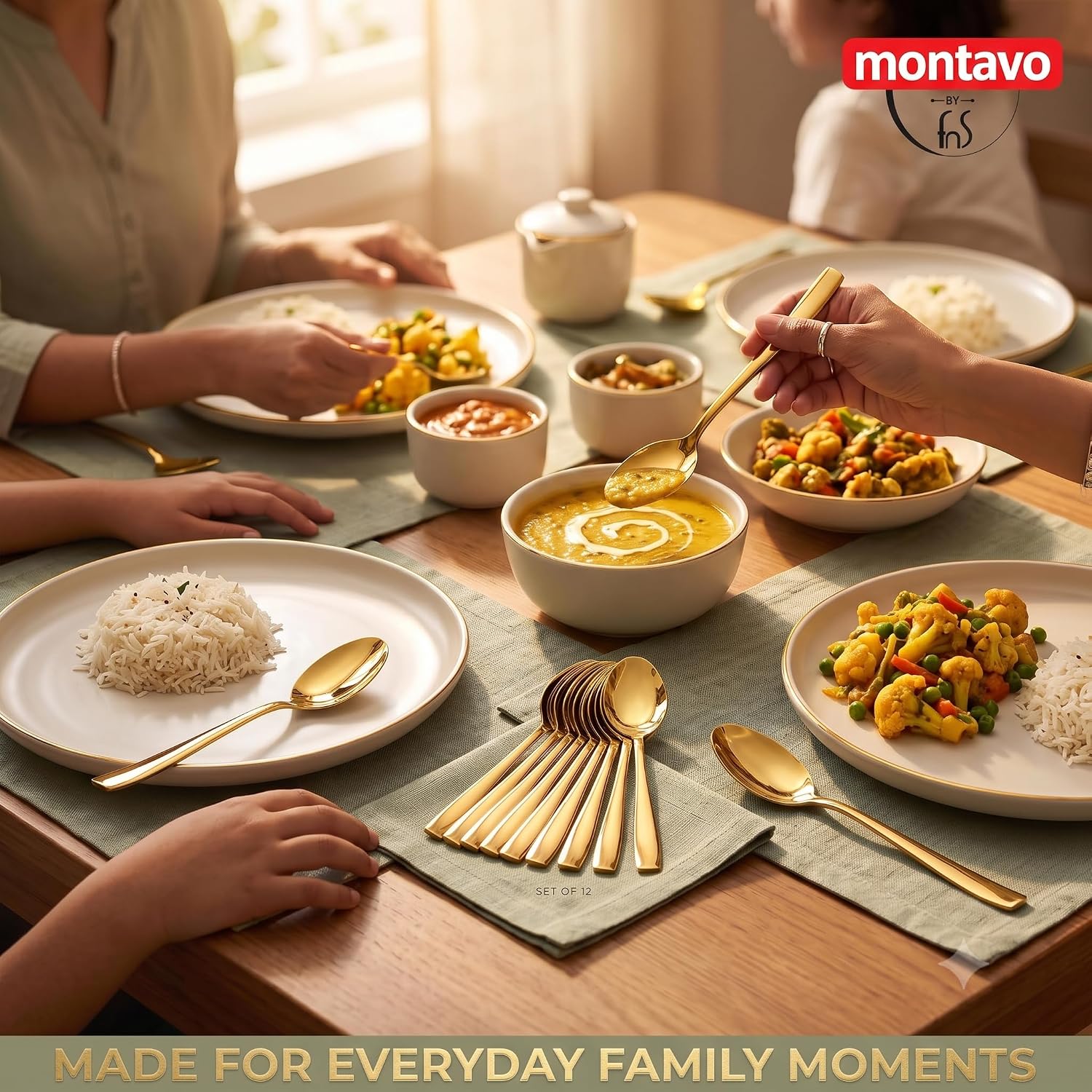Montavo by FnS Stainless Steel Dinner Spoons | Set of 12 PVD Gold Mirror Finish