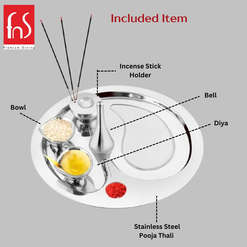 FnS Premium Stainless Steel Pooja Thali Set - 5 Pc Set (Silver) (Pooja Thali)