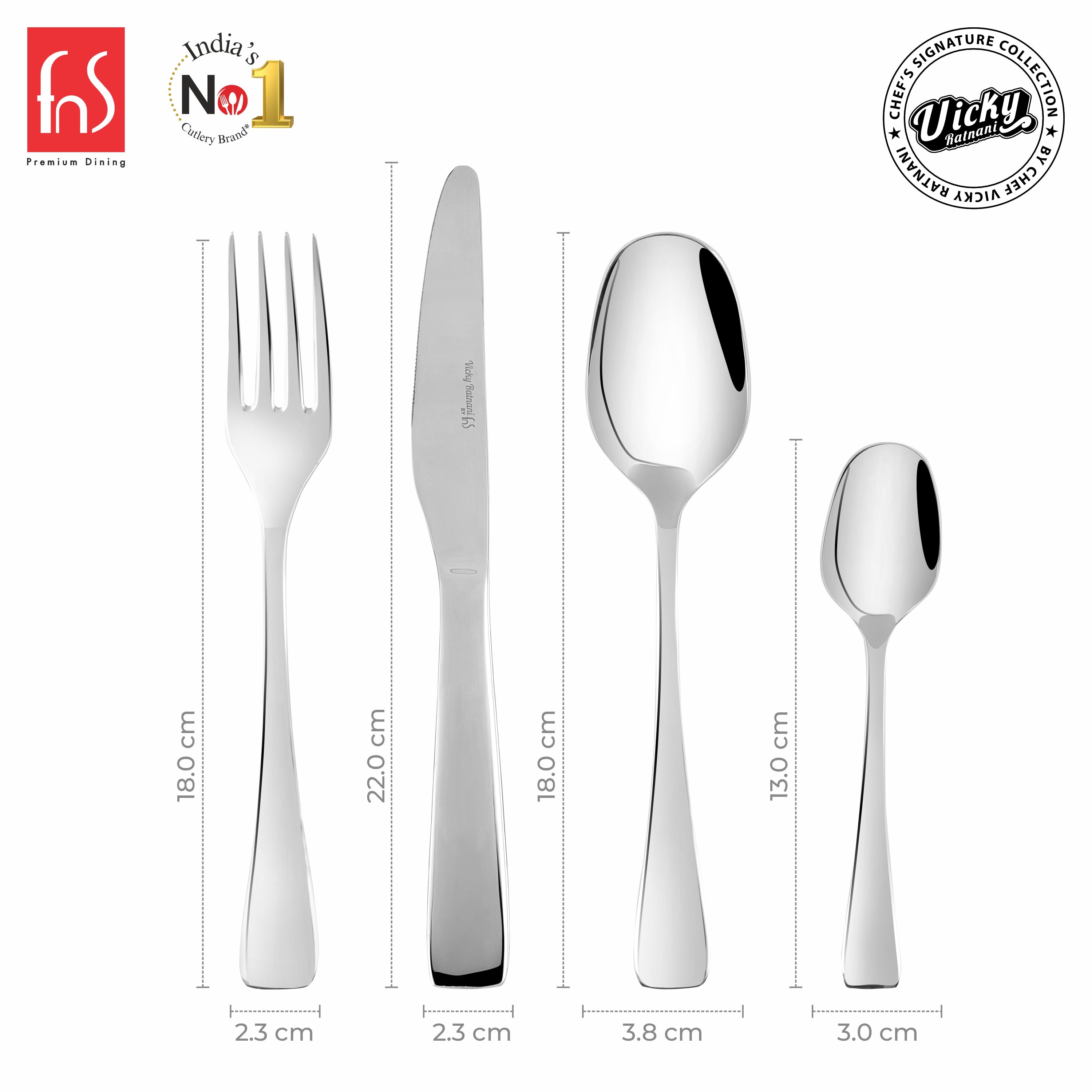 Chef Vicky Ratnani's Signature Collection By FnS Nexa Stainless Steel 24 Pcs Cutlery Set with Box Pack | 6 Dinner Spoon, 6 Dinner Fork, 6 Dinner Knife/Butter Knife, 6 Teaspoon | Premium sleek contemporary Handle Design Cutlery for Home, Dining & Kitchen