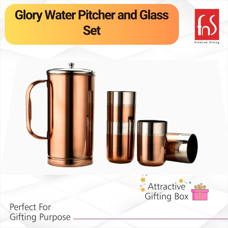 FnS Rose Gold Stainless Steel Glory Water Pitcher with lid and Glass Set of 1 Pitcher and 4 Glasses (1.5 LTR)