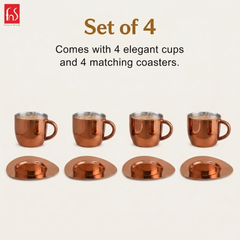 FnS Tea Cup and Saucer Set of 4 Stainless Steel for Gift and Home Decor Double Walled Cup | Unbreakable Cups for Tea and Coffee (Rose Gold, 4 Cups and 4 Saucer)