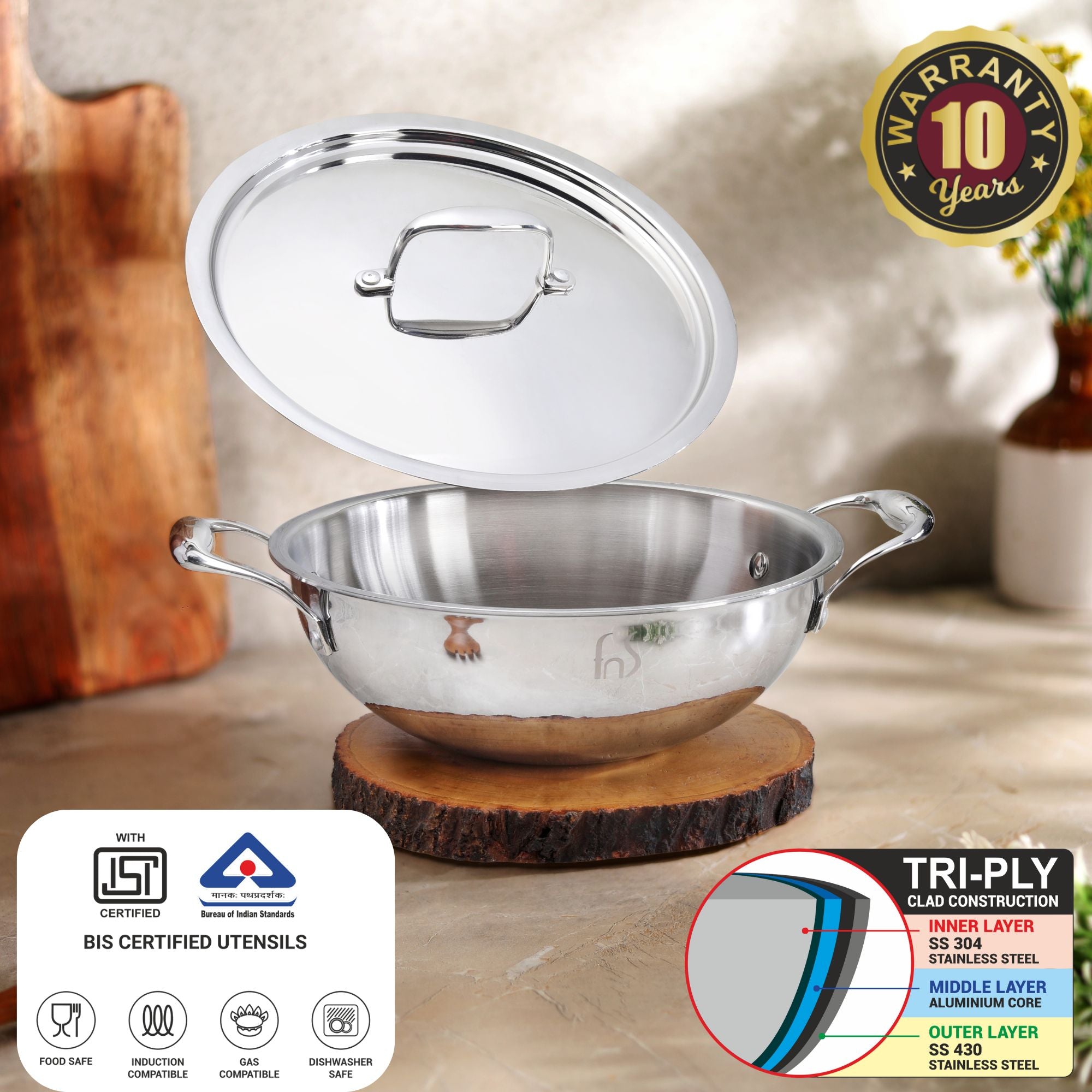 FnS NuChef Cookware Triply Kadai 24 CM With Lid