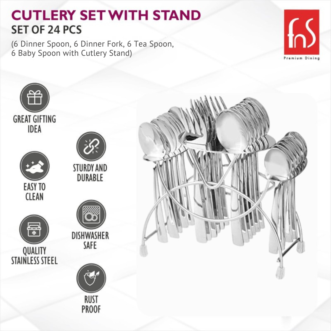 FnS Solo 24 Pcs Stainless Steel Cutlery Set with Hanging Stand, dishwasher safe, rust proof, easy to clean and durable.
