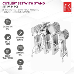 FnS Solo 24 Pcs Stainless Steel Cutlery Set with Hanging Stand, dishwasher safe, rust proof, easy to clean and durable.
