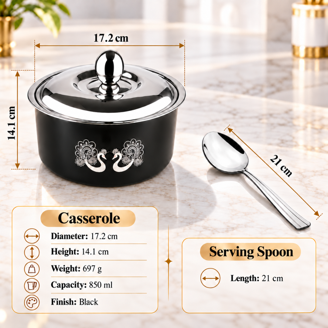 FnS Hazel 850 ml Black Stainless Steel Casserole with Serving Spoon