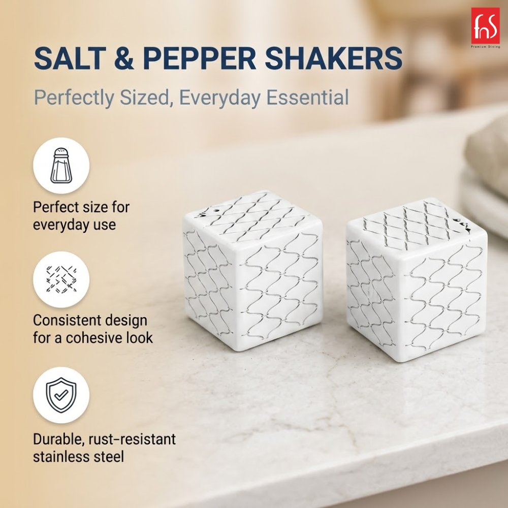 FnS Lecce – Stainless Steel Napkin Holder, Coaster & Salt & Pepper Set with White Powder Coating | Elegant Tableware Set for Dining & Kitchen Décor