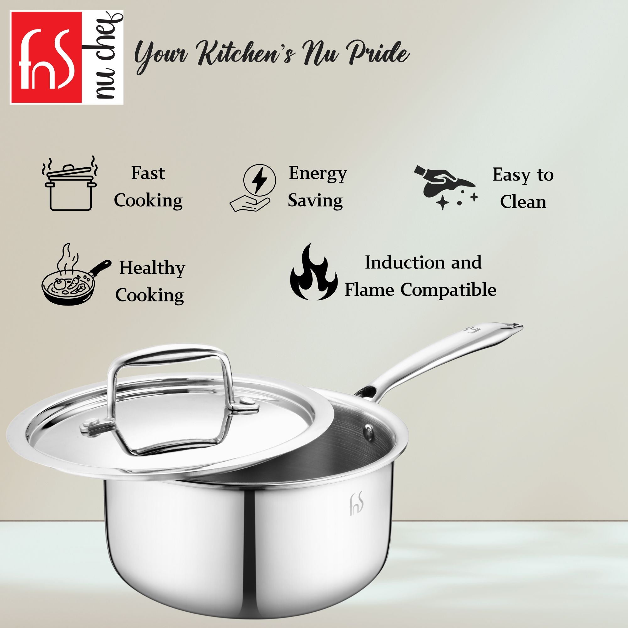 FnS NuChef Cookware Triply Sauce Pan 14 CM With Lid