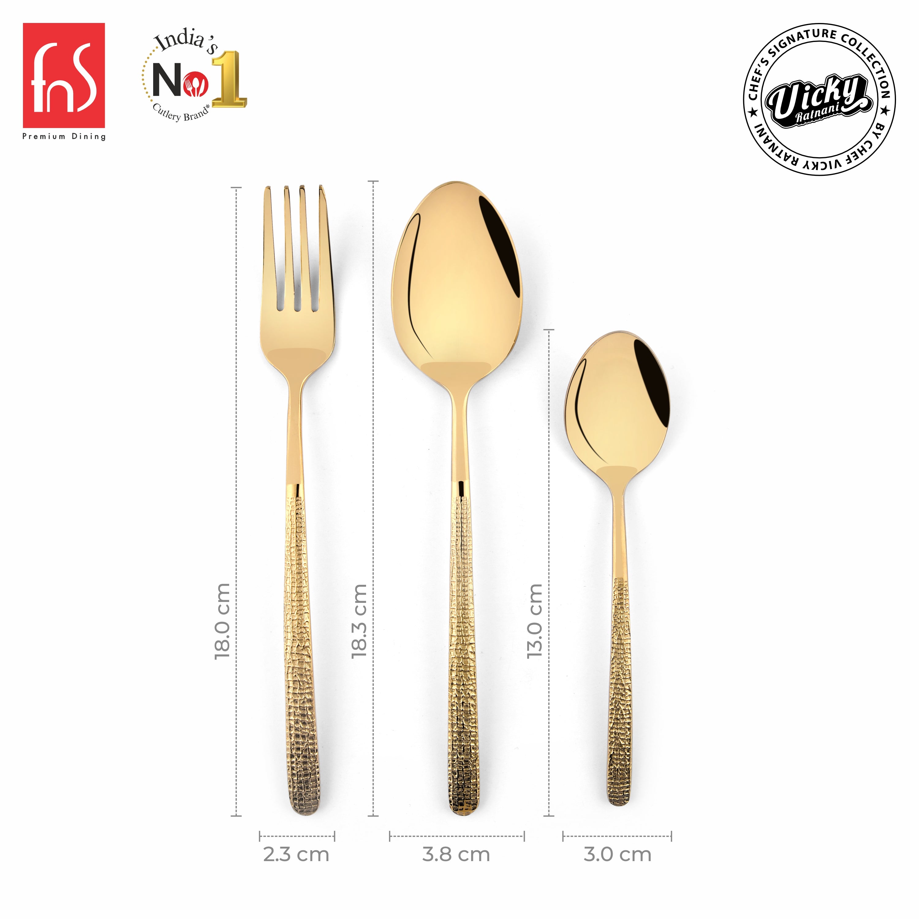 Chef Vicky Ratnani's Signature Collection By FnS Velora Stainless Steel 18 Pcs Cutlery Set with Box Pack | 6 Dinner Spoons, 6 Dinner Forks, 6 Tea Spoons | Premium Textured Handle Design Cutlery for Home, Dining & Kitchen
