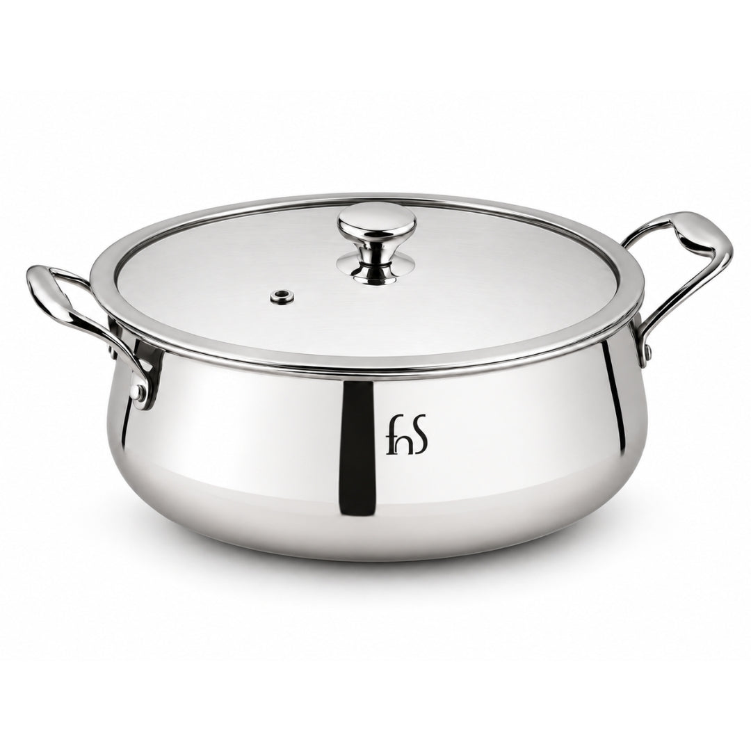 FnS NuChef Triply Stainless Steel Biryani Handi 28 cm with Glass Lid