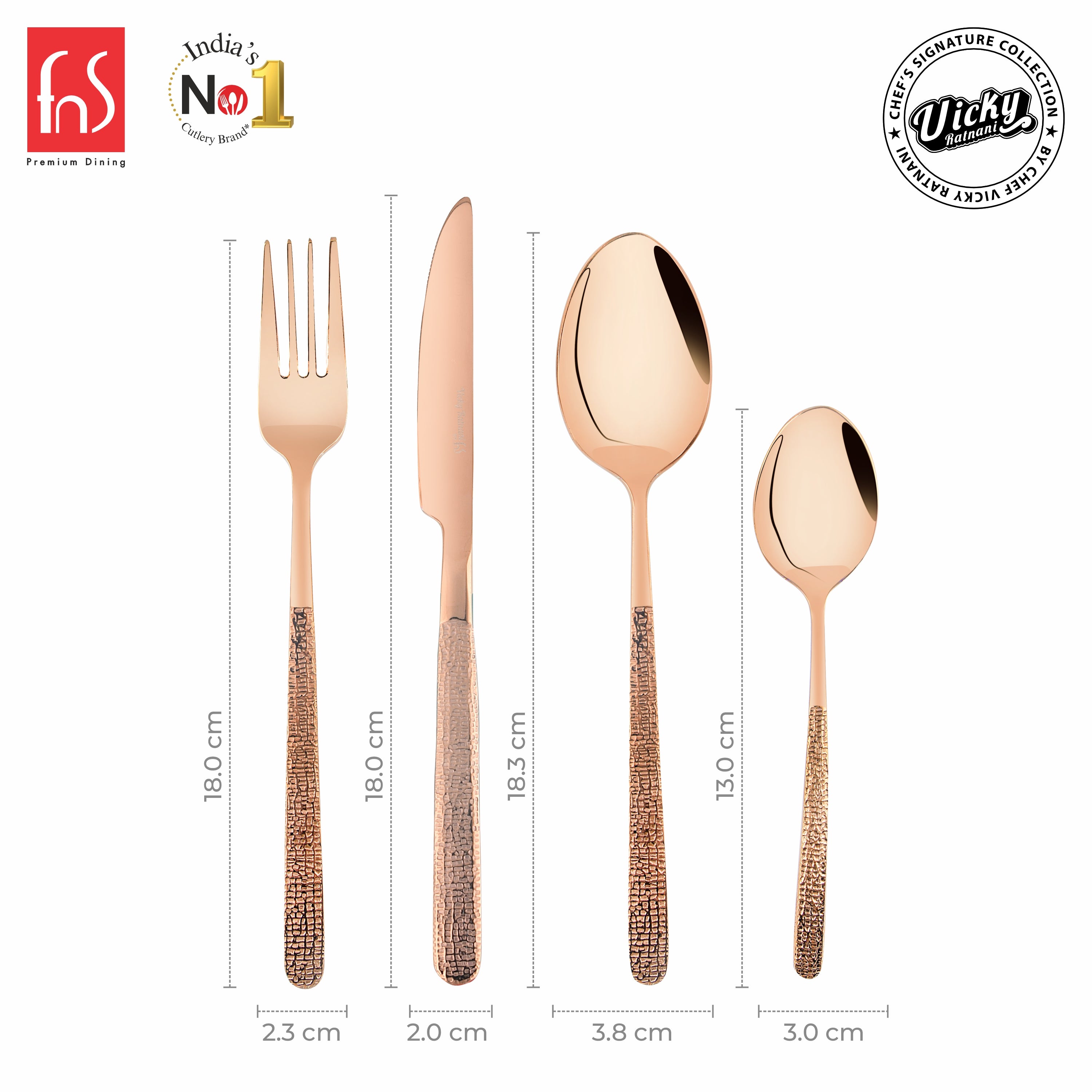 Chef Vicky Ratnani's Signature Collection By FnS Sorrento Rose Gold Stainless Steel 24 Pcs Cutlery Set with Box Pack | 6 Dinner Spoon, 6 Dinner Fork, 6 Dinner Knife/Butter Knife, 6 Teaspoon