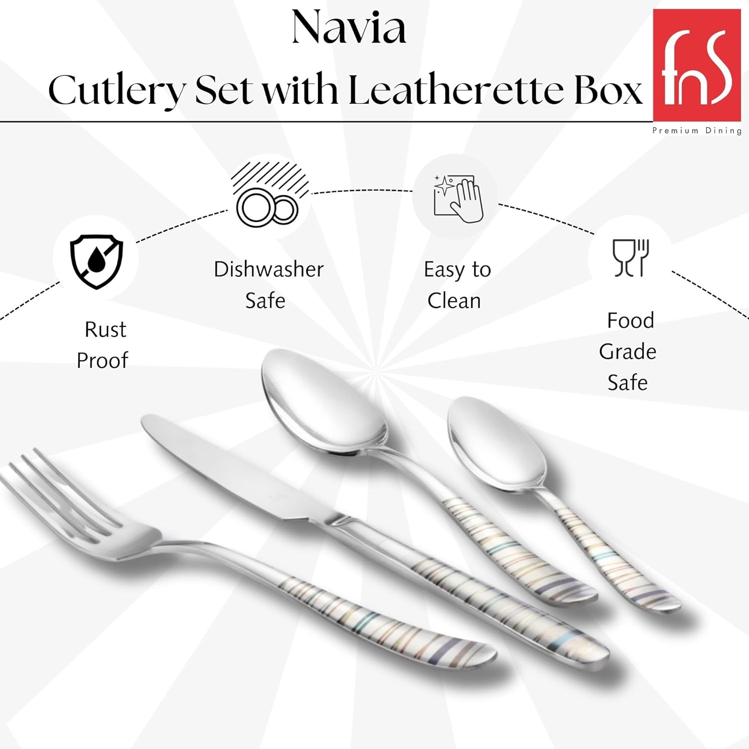 FnS Navia Stainless Steel 24 pcs Cutlery Set with Leatherette Box (6 Dinner Spoon, 6 Dinner/Butter Knife, 6 Dinner Forks, 6 Teaspoon) for Home Kitchen and Dinning
