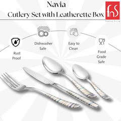 FnS Navia Stainless Steel 24 pcs Cutlery Set with Leatherette Box (6 Dinner Spoon, 6 Dinner/Butter Knife, 6 Dinner Forks, 6 Teaspoon) for Home Kitchen and Dinning
