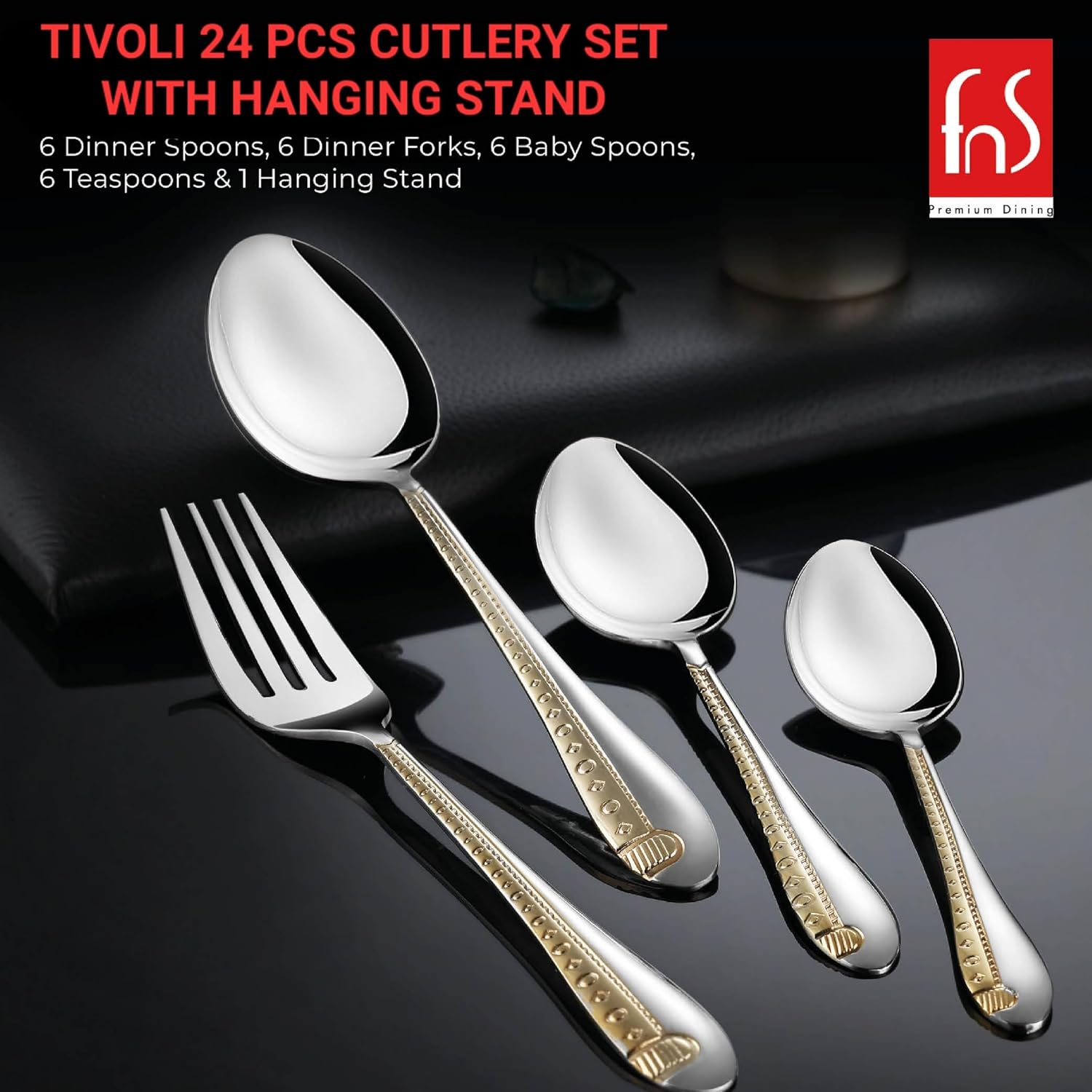 FnS Tivoli 24 Pcs Gold Plated Cutlery Set with Hanging Stand