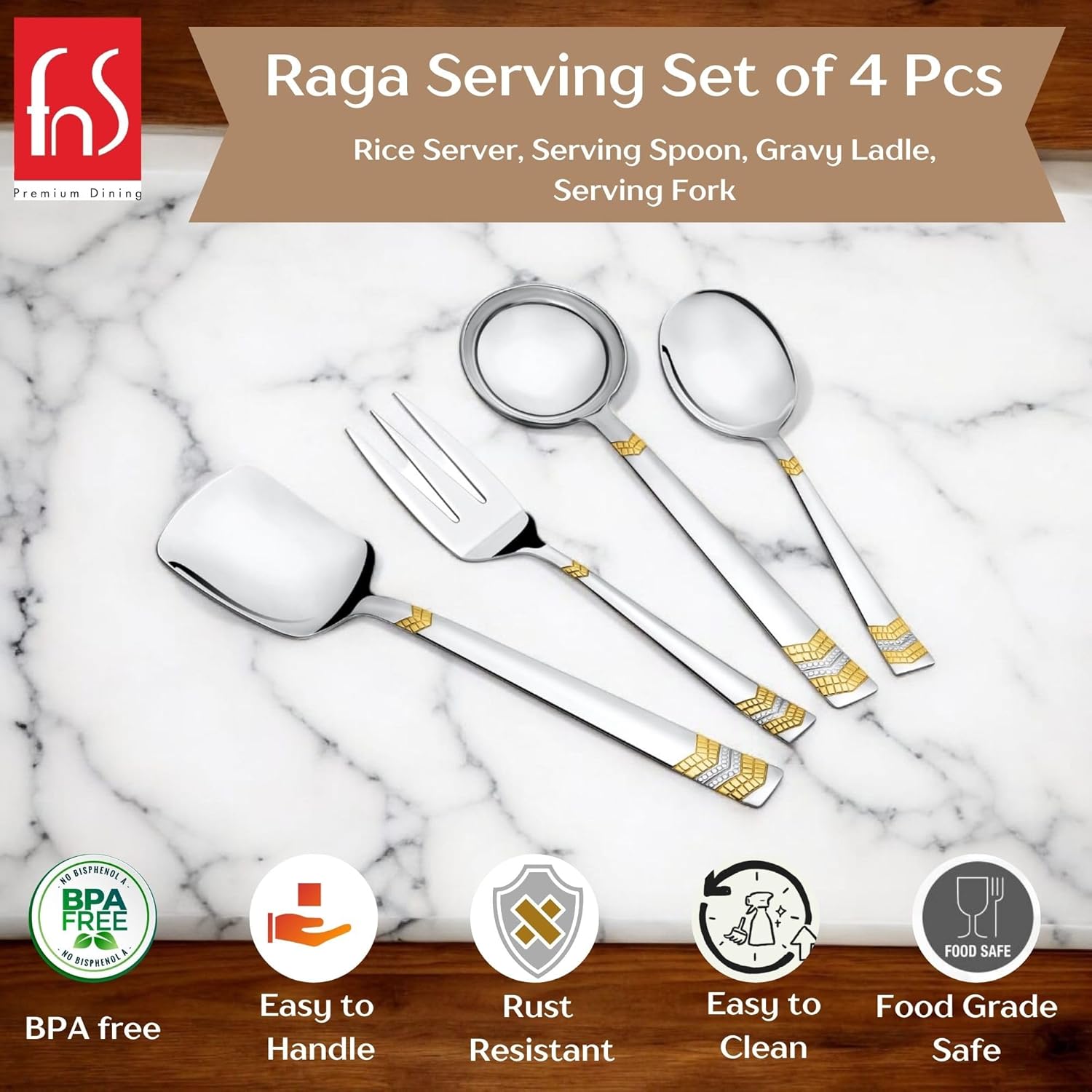 FnS RAGA 24 Karat Gold Plated Stainless Steel Serving set of 4