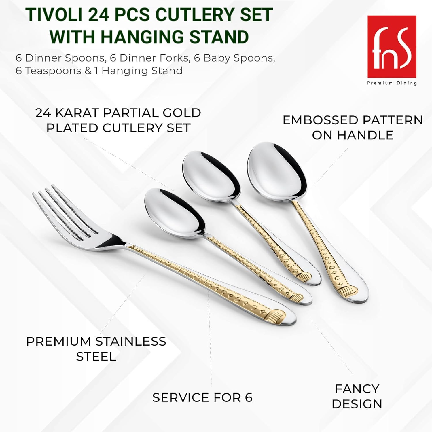 FnS Tivoli 24 Pcs Gold Plated Cutlery Set with Hanging Stand