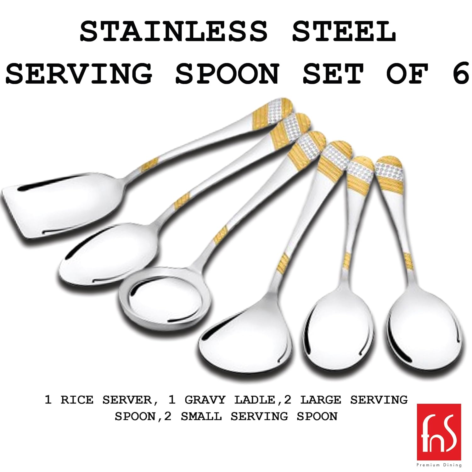 FnS Imperio Stainless Steel 24 Karat Gold Plated Serving Spoon Set of 6 with Leatherette Box