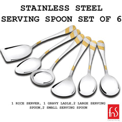 FnS Imperio Stainless Steel 24 Karat Gold Plated Serving Spoon Set of 6 with Leatherette Box