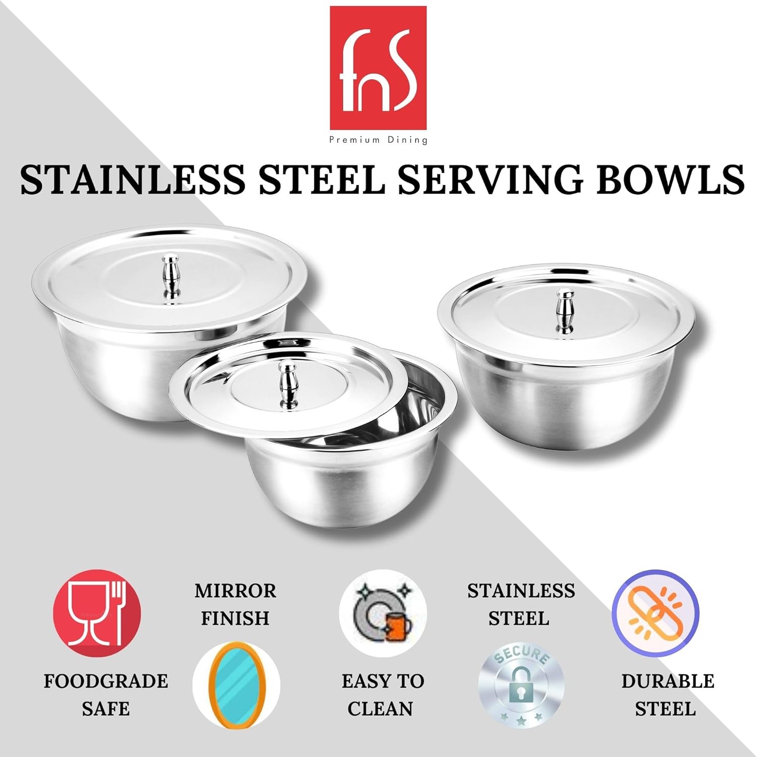 Montavo by FnS Stainless Steel Serving Bowl with Stainless Steel Lid, Set of 3 Small Medium and Large, Food Grade Safe | Easy to Carry | Easy to Store