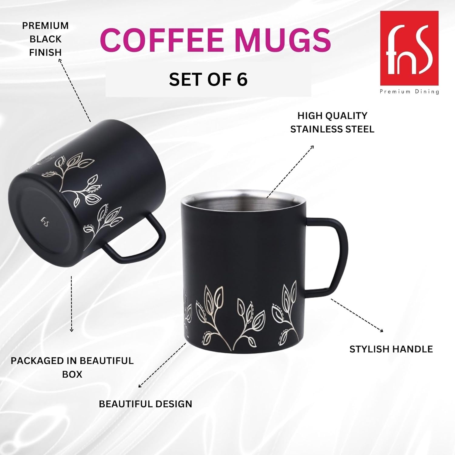 FnS Stainless Steel Coffee Mugs, with Laser Engraving Black (Set of 6)