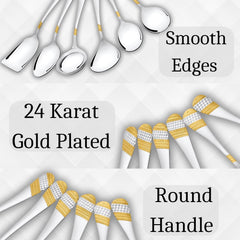 FnS Imperio Stainless Steel 24 Karat Gold Plated Serving Spoon Set of 6 with Leatherette Box