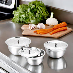 Montavo by FnS Stainless Steel Serving Bowl with Stainless Steel Lid, Set of 3 Small Medium and Large, Food Grade Safe | Easy to Carry | Easy to Store