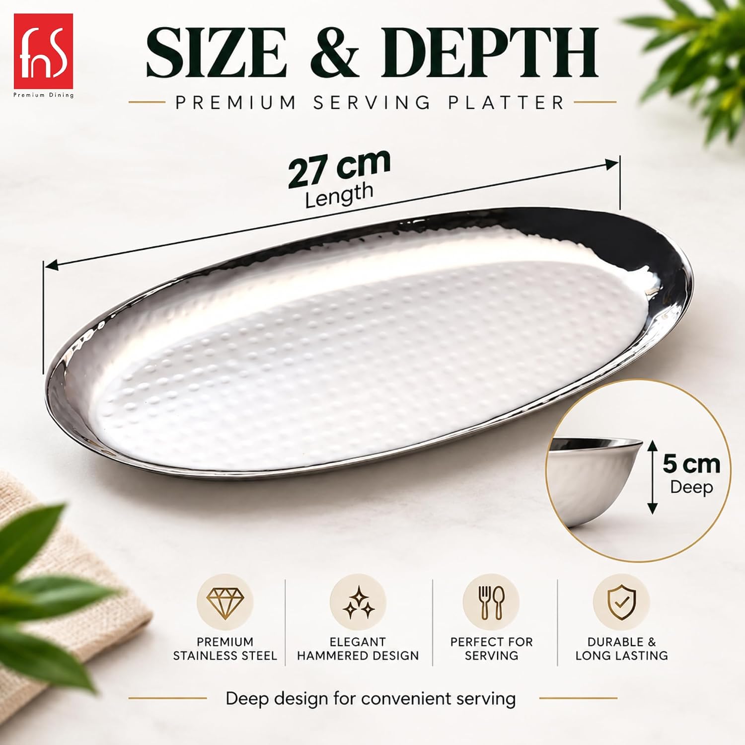 FnS Hammered Finish Stainless Steel Oval Serving Platter