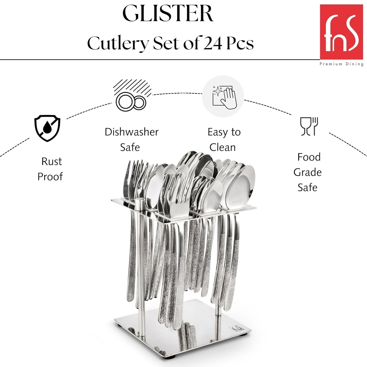 FnS Glister Stainless Steel Hammered Finish 24 pcs Cutlery Set with Stand