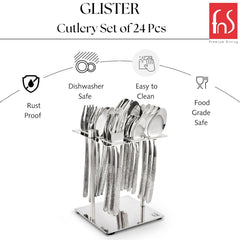 FnS Glister Stainless Steel Hammered Finish 24 pcs Cutlery Set with Stand