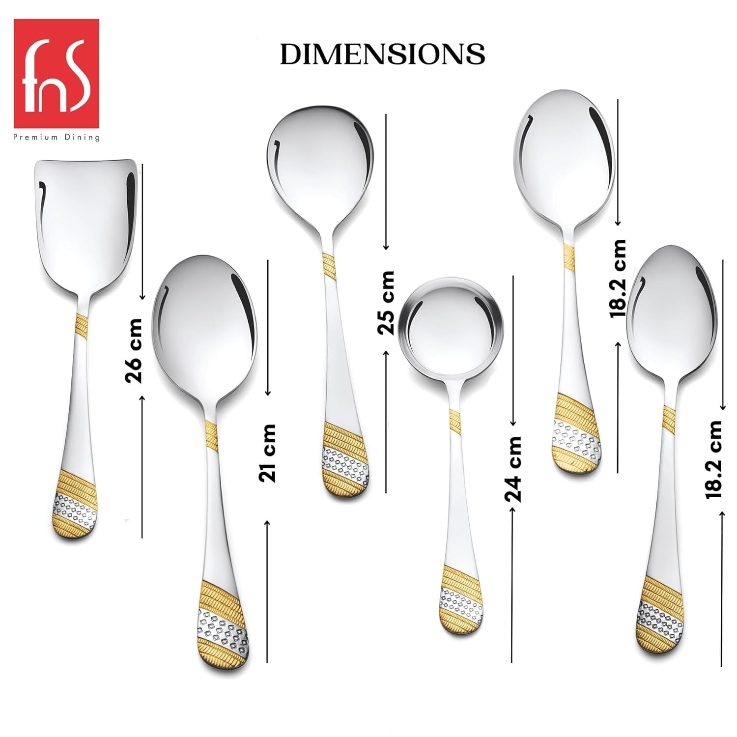 FnS Imperio Stainless Steel 24 Karat Gold Plated Serving Spoon Set of 6 with Leatherette Box