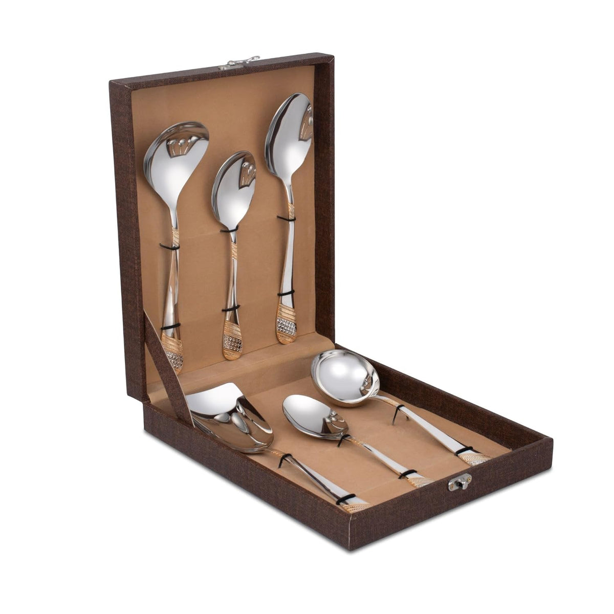 FnS Imperio Stainless Steel 24 Karat Gold Plated Serving Spoon Set of 6 with Leatherette Box