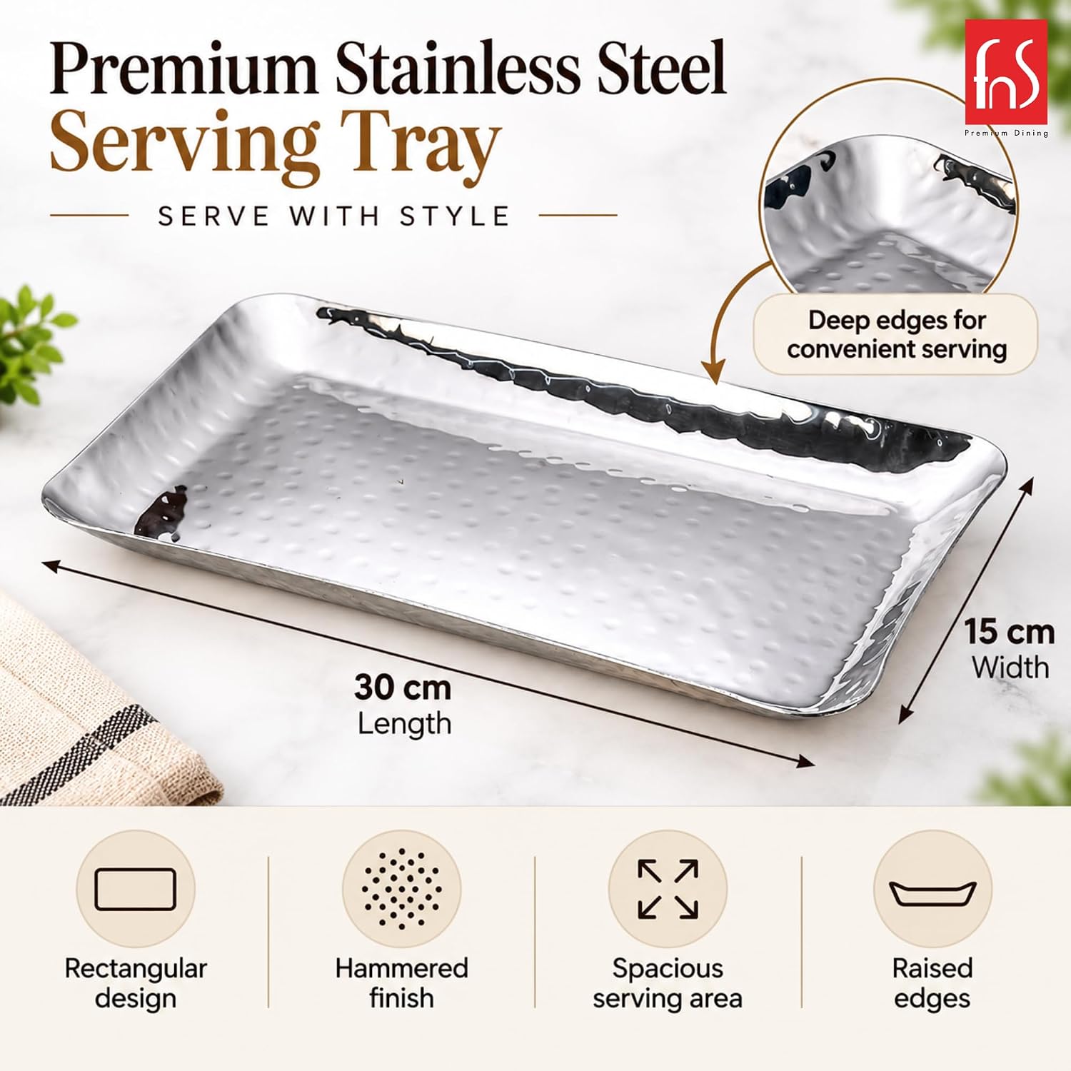FnS Rectangular Hammered Finish Stainless Steel Deep Serving Platter