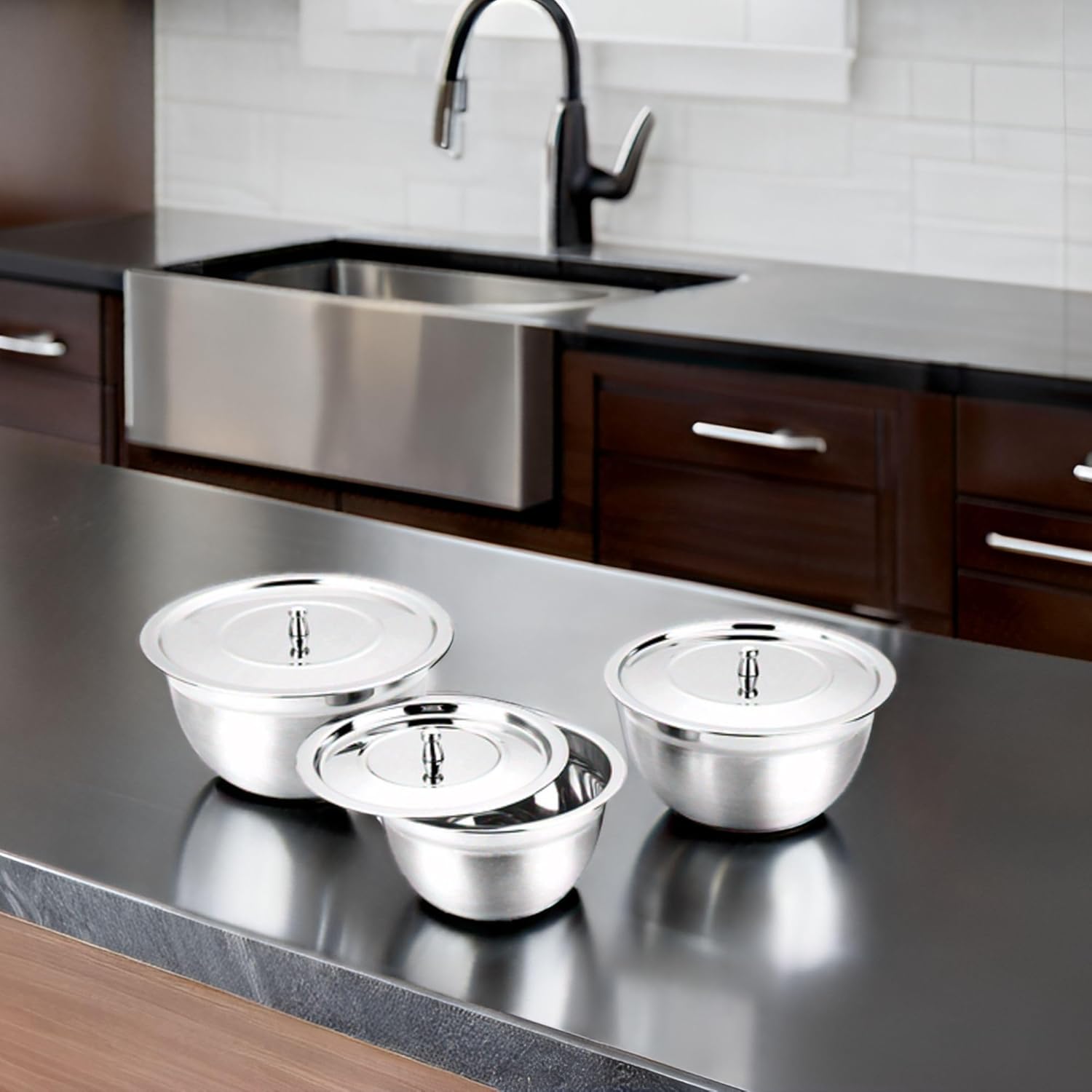 Montavo by FnS Stainless Steel Serving Bowl with Stainless Steel Lid, Set of 3 Small Medium and Large, Food Grade Safe | Easy to Carry | Easy to Store