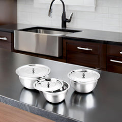 Montavo by FnS Stainless Steel Serving Bowl with Stainless Steel Lid, Set of 3 Small Medium and Large, Food Grade Safe | Easy to Carry | Easy to Store