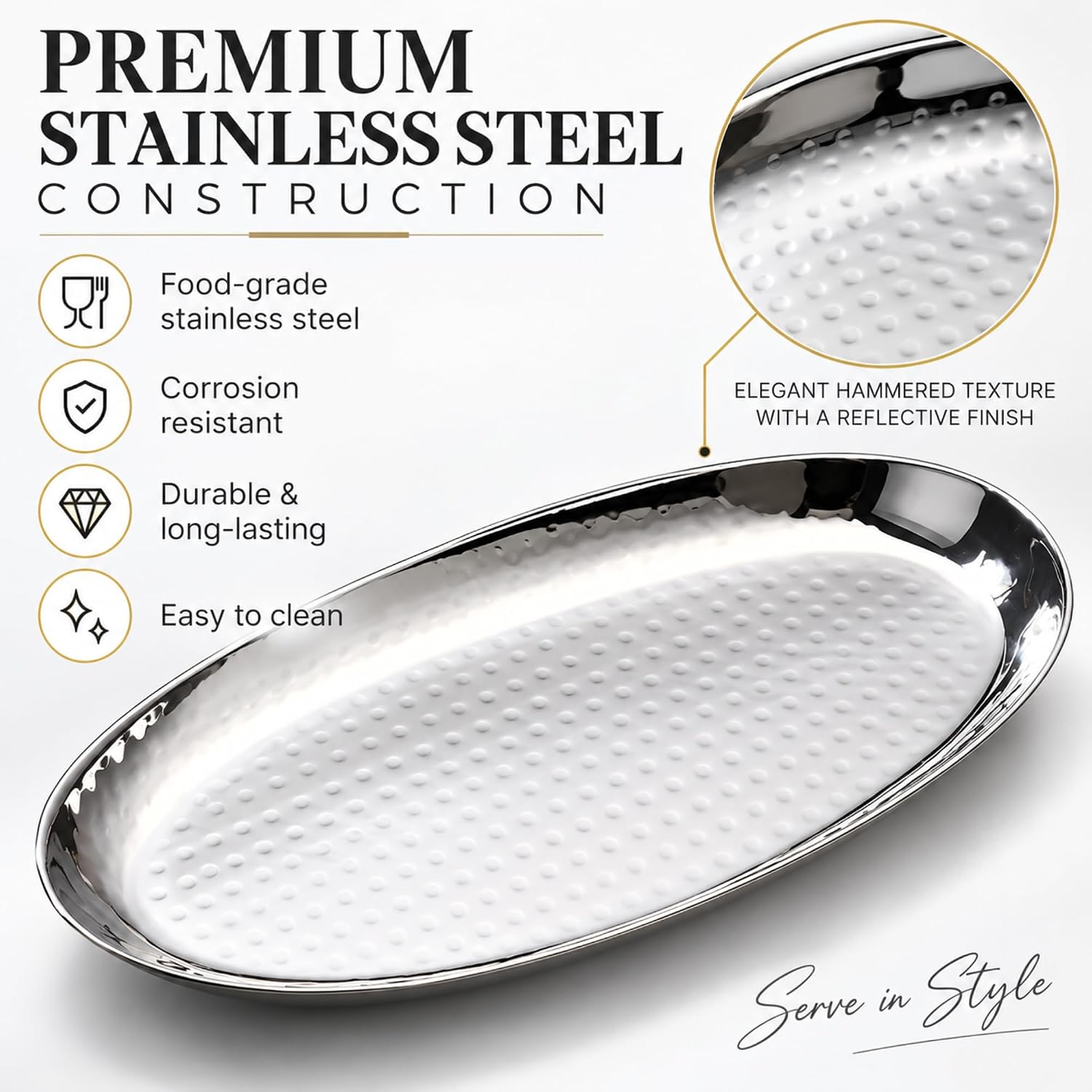 FnS Hammered Finish Stainless Steel Oval Serving Platter