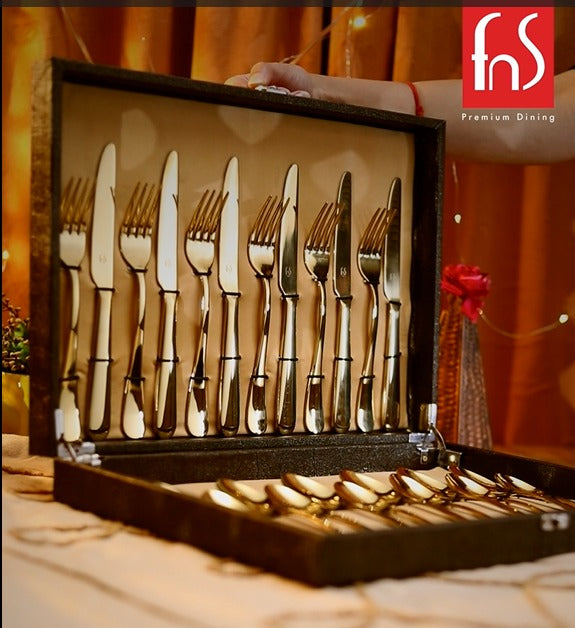FNS Aurik 24 pcs Gold Plated Premium Cutlery Set with Box