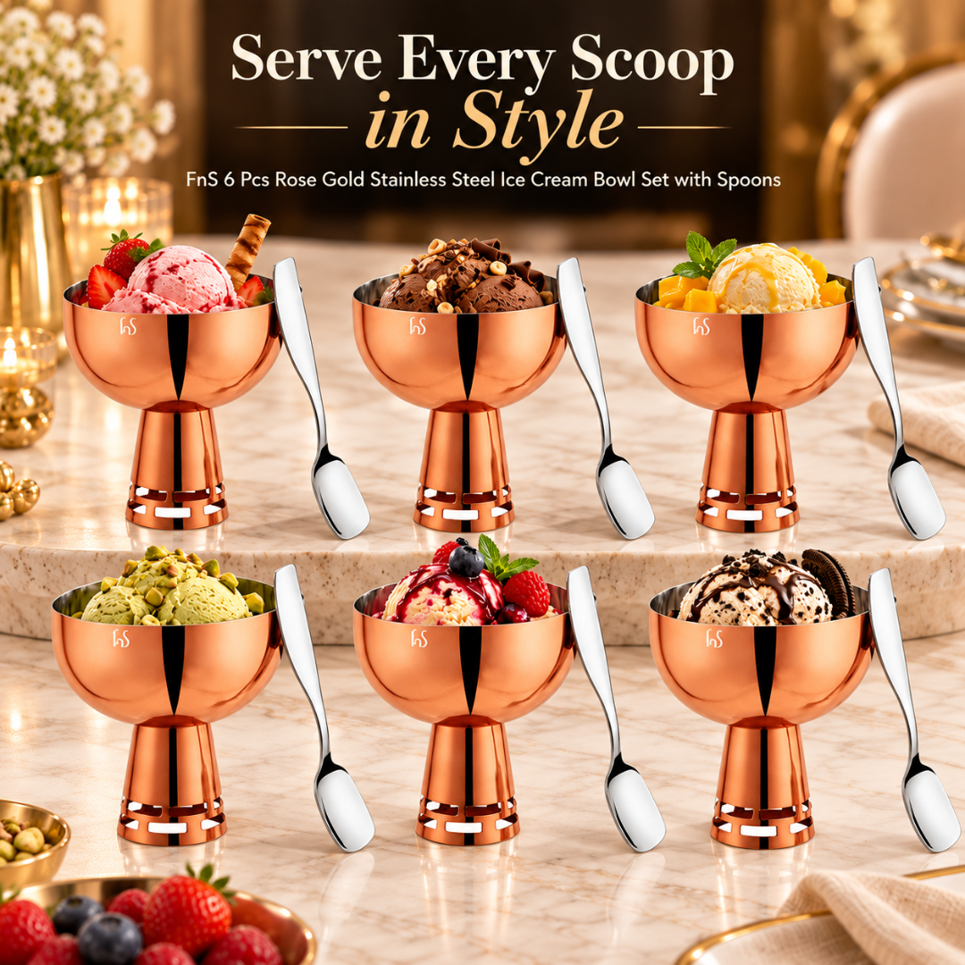FnS Basil Rose Gold Ice Cream Bowl & Spoon Set of 6