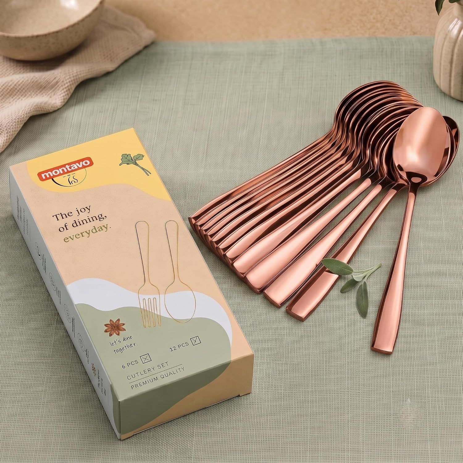 Montavo by FnS Stainless Steel Dinner Spoons | Set of 12 PVD Rose Gold Mirror Finish